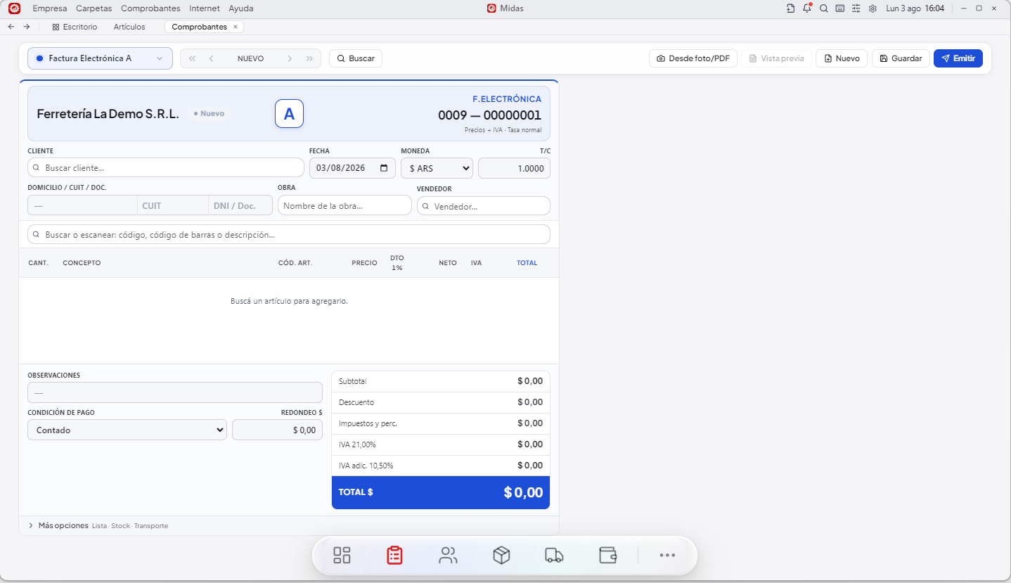 Pantalla de comprobantes de MIDAS emitiendo una Factura Electrónica A, con cliente, artículos, descuentos, IVA discriminado y total.